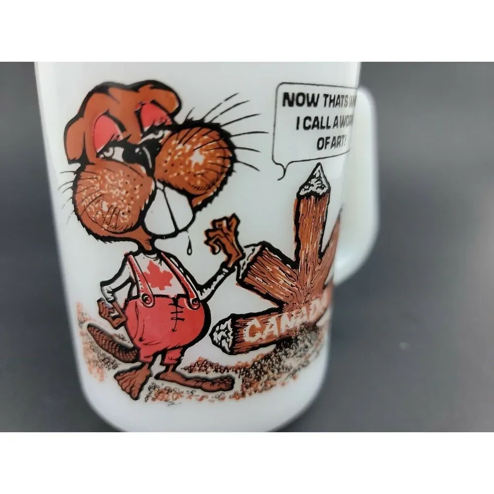 Vintage Federal Glass Mug White Milk Glass CANADA Beaver Maple D Handle